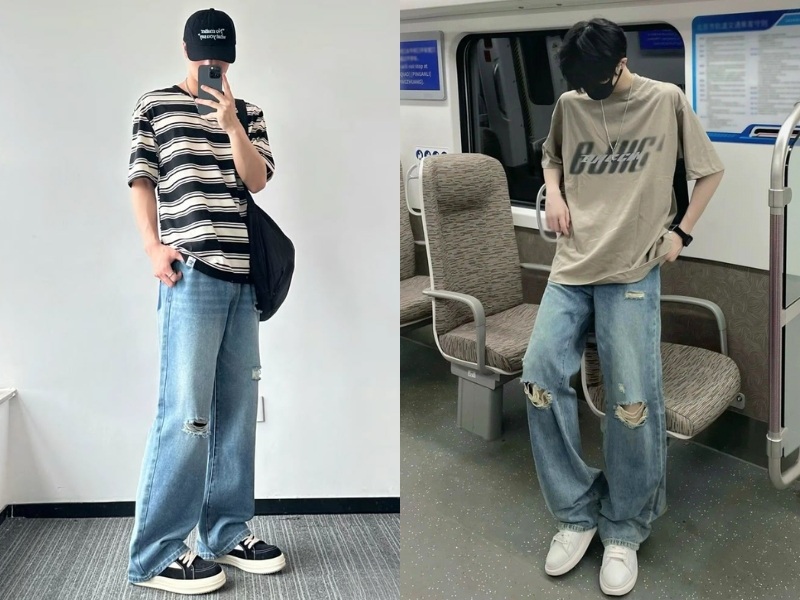 Áo thun và quần jean rách gối