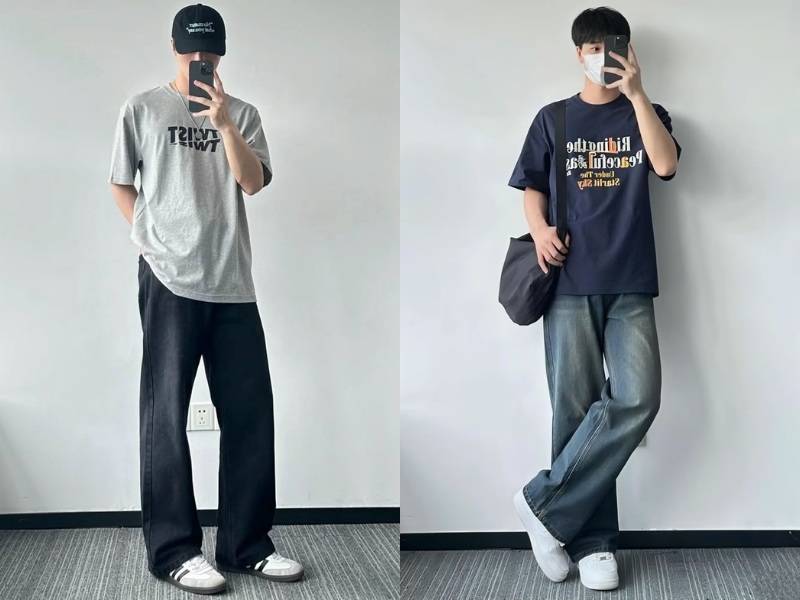 Áo thun nam với quần jean trơn